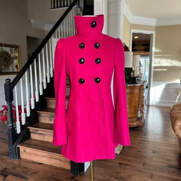 guess hot pink wool blend double breasted coat bow back y2k - Picture 3 of 6